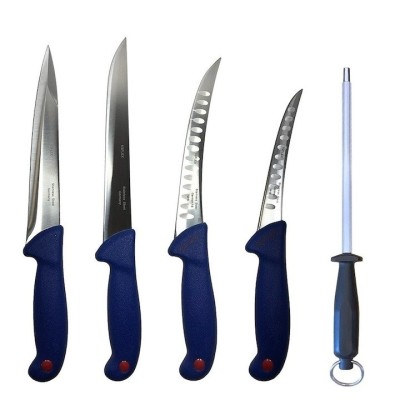 Set profesional de macelarie, transat, dezosat, injunghiat, filetat, 4 cutite si masat pentru ascutit foto
