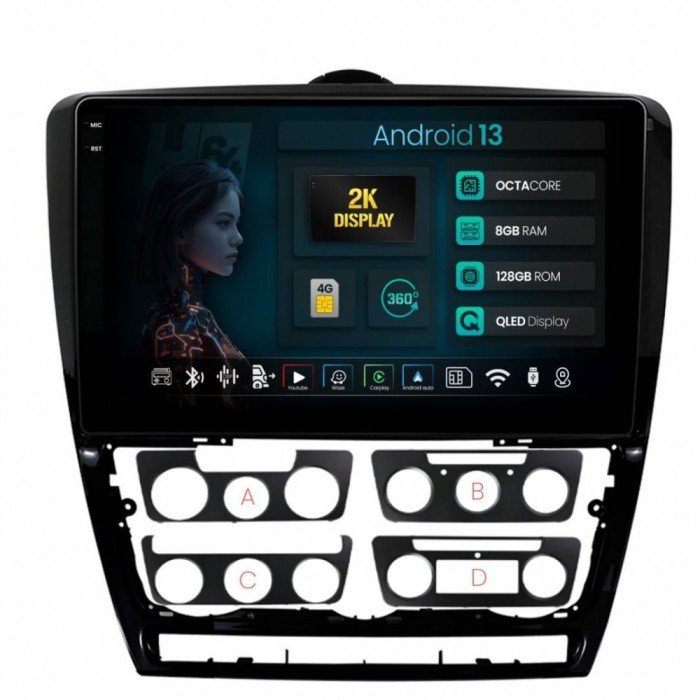 Navigatie 2K Skoda Octavia 2 8GB RAM Android 13 Octacore Slot Sim 4G DSP GPS Wi-FI Carplay Android Auto USB Bluetooth Waze Touchscreen 10.36 Inch