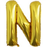 Balon folie metalizata litera n, flippy, 80 cm, umflati cu heliu sau aer, ambalaj individual, pai inclus, auriu