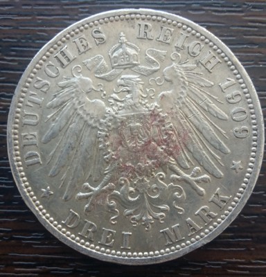 (A761) MONEDA DIN ARGINT GERMANIA, PRUSIA - 3 MARK 1909, LIT. A, WILHELM II foto
