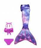 Set 3 piese Costum de baie Sirena Printesa Ariel THK&reg;, include top, slip, coada sirena, Alb fildes/Mov, 110 cm
