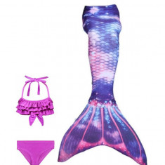 Set 3 piese Costum de baie Sirena Printesa Ariel THK®, include top, slip, coada sirena, Alb fildes/Mov, 120 cm