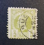 Regele Carol I ("Cifre &Icirc;n cadre Albă" / Tipar Paris) - 3 Bani Verde-Măsline / Galben-Verziu (Dintelat, Ștampilă Poștală Datată "BUCUREȘCI 10 OCT") RO2