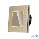 Intrerupator touch cap scara / cap cruce cu indicator luminos Luxion LX-MT-D102A-G, cu variator, incastrat, rama din aluminiu inclusa, auriu
