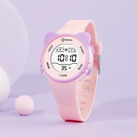 Ceas digital de copii, Mingrui MR2206L, model kitten, data, iluminare, rezistent la apa 3atm, roz