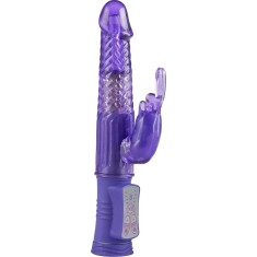 Vibrator Happy Hugging Rabbit, 8 Moduri Vibratii + 4 Viteze Rotatie, TPE, Mov, 22.5 cm