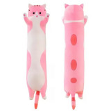 Jucarie pisica plus lunga, tip perna, lavabila, hipoalergenica, 50 cm, roz-alb