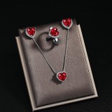 Set Argint 925 Lant, Cercei si Inel Reglabil Cu Piatra Rosie, Inima &ndash; Eleganta, Argintboutique