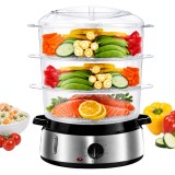 Cumpara ieftin Aparat de gatit cu aburi Fitfoodie Steel, 800W, 9 Litri, Timer, Oprire automata, 3 cosuri depozitare, Black / Silver