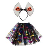 Set Deghizare Halloween, Ma Imbrac Devin Halloween, Fustă Tutu 30 cm, Jonc Elastic, P&acirc;nze Holografice, Coronită Neagră cu Dovleci, Multicolor, 2 Bucăț, Oem