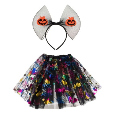 Set Deghizare Halloween, Ma Imbrac Devin Halloween, Fustă Tutu 30 cm, Jonc Elastic, P&amp;acirc;nze Holografice, Coronită Neagră cu Dovleci, Multicolor, 2 Bucăț foto