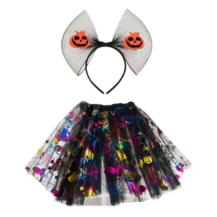 Set Deghizare Halloween, Ma Imbrac Devin Halloween, Fustă Tutu 30 cm, Jonc Elastic, P&acirc;nze Holografice, Coronită Neagră cu Dovleci, Multicolor, 2 Bucăț