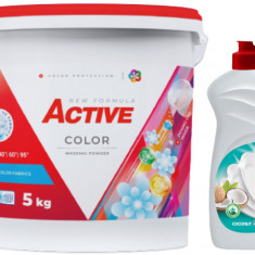 Detergent pudra pentru rufe colorate Active, galeata 5kg, 65 spalari + Detergent de vase lichid Active, 0.5 litri, cocos