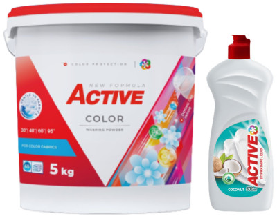 Detergent pudra pentru rufe colorate Active, galeata 5kg, 65 spalari + Detergent de vase lichid Active, 0.5 litri, cocos foto