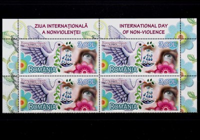 ✅RO 2009 LP 1847 &amp;quot;Ziua Inter. a Nonviolentei&amp;quot; , bloc de 4 +margini , MNH foto