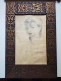 Autor Necunoscut - Portret feminin. Desen in creion pe hartie (1949, dimensiune 35 x 52 cm cu rama)