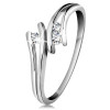 Inel din aur alb 585, trei diamante strălucitoare transparente, brațe despicate - Marime inel: 60