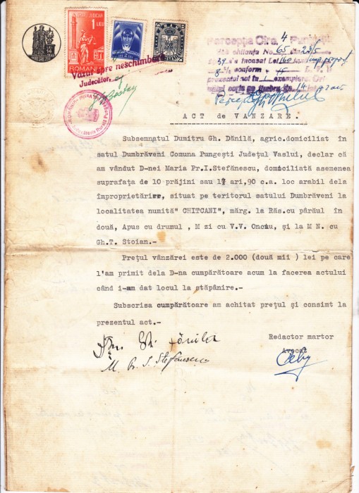 AMS @ - ACT DE V&Acirc;NZARE, JUDECĂTORIA RURALĂ JUD.VASLUI, ANUL 1939, FRANCATURA MULTIPLA