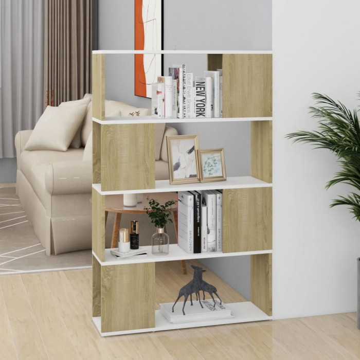 Bibliotecă/Separator cameră alb/stejar sonoma 80x24x124,5 cm