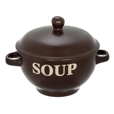 Bol Ceramic SOUP, Capacitate 0,65L, Maro, Interior Ecru, Cu M&amp;acirc;nere și Capac foto