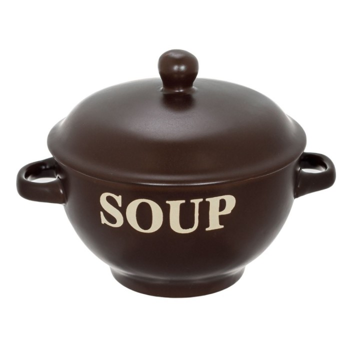 Bol Ceramic SOUP, Capacitate 0,65L, Maro, Interior Ecru, Cu M&acirc;nere și Capac