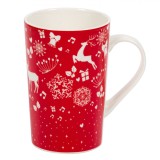 Cană Crăciun New Bone, Model Clopote Inimi Fulgi Cadouri V&acirc;sc Cerbi, Culoare Roșu, Capacitate 0,4L, 12,5 x 8,5 cm, Oem