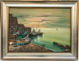 Tablou Peisaj Marin Peisaj din Port, Pictura &icirc;n ulei pe p&acirc;nză, inramat ramă lemn 65x85cm, Marine, Realism