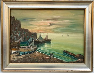 Tablou Peisaj Marin Peisaj din Port, Pictura &amp;icirc;n ulei pe p&amp;acirc;nză, inramat ramă lemn 65x85cm foto