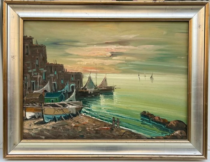 Tablou Peisaj Marin Peisaj din Port, Pictura &icirc;n ulei pe p&acirc;nză, inramat ramă lemn 65x85cm