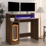 Cumpara ieftin Birou cu lumini LED, stejar maro, 97x45x90 cm, lemn prelucrat