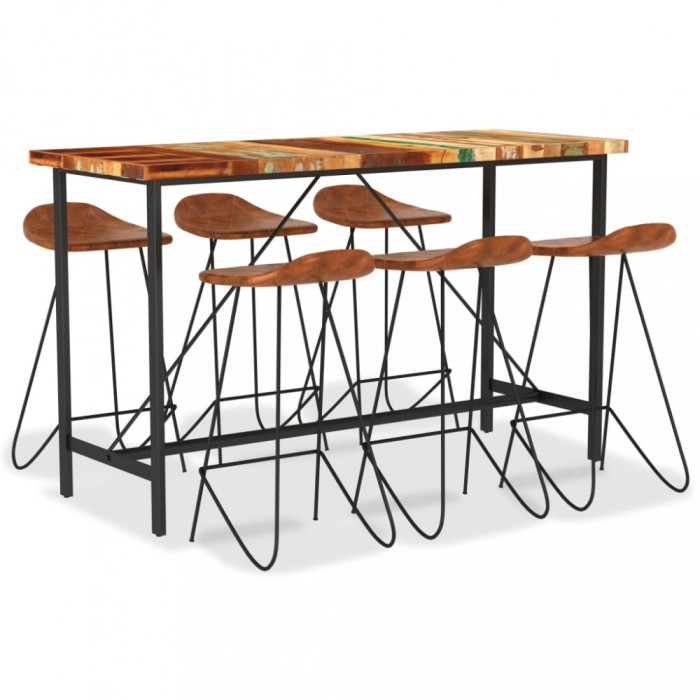 Set mobilier bar 7 piese, lemn masiv reciclat &amp; piele naturală