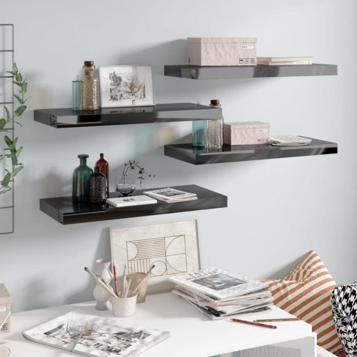 Gossi rafturi de perete 4 buc. negru extralucios, 60x23,5x3,8 cm, mdf