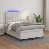 VidaXL Pat cu arcuri, saltea și LED, alb, 120x200 cm, piele ecologică