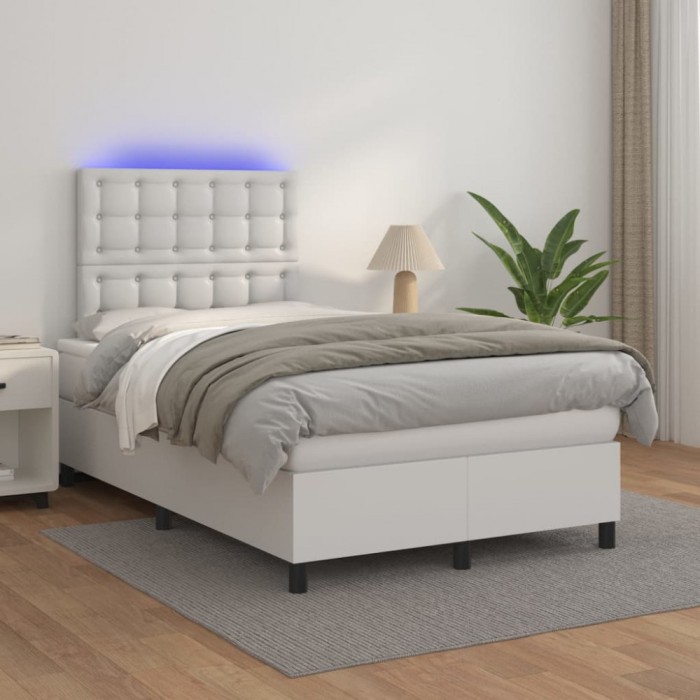 vidaXL Pat cu arcuri, saltea și LED, alb, 120x200 cm, piele ecologică 3135934