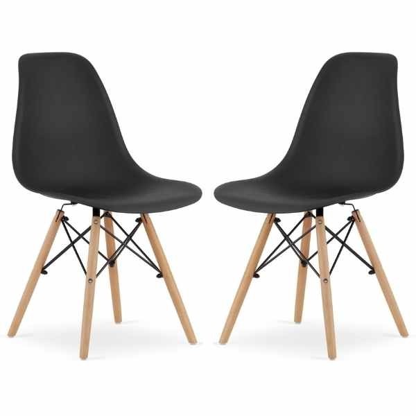 Set 2 Scaune Acerenza, Stil Scandinav cu Picioare din Lemn de Fag, Cadru Metalic, Sezut PP, Maxim 120 Kg, 46 x 54 x 82 cm, Negru