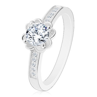 Inel de logodnă din argint 925, floare strălucitoare, transparentă, braţe decorate - Marime inel: 57 foto