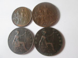 Lot 4 monede:Franta 5 Centimes 1903,10 Centimes 1908,M.Britanie:One Penny1903/10, Europa, Cupru (arama)