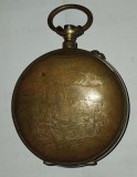 CY - Carcasa veche, din alama nichelata, pentru un ceas de buzunar, de tip CFR, avand o LOCOMOTIVA cu abur gravata pe capac / D: 55 mm 35 g / RAR