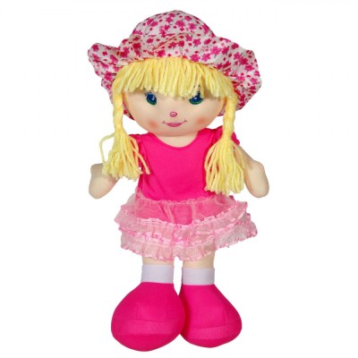 Păpușă Textilă, Model Clasic, Păr Blond, Rochie Fucsia, 32 cm foto