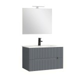 Set Mobilier Baie Leziter Trent 80cm, Gri Antracit, Ceramica, Suspendat, 2 Sertare Soft-close, Oglinda 60x80cm