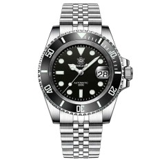 Ceas automatic de scufundări STEELDIVE SD1953, 41 mm, brățară argintie, carcasă și cadran negru, NH35, cristal safir, 30 ATM