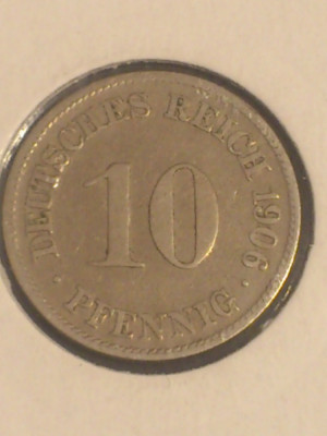 10 pfennig pfenig fenig 1906 D , Germania , stare EF+ (poze) foto