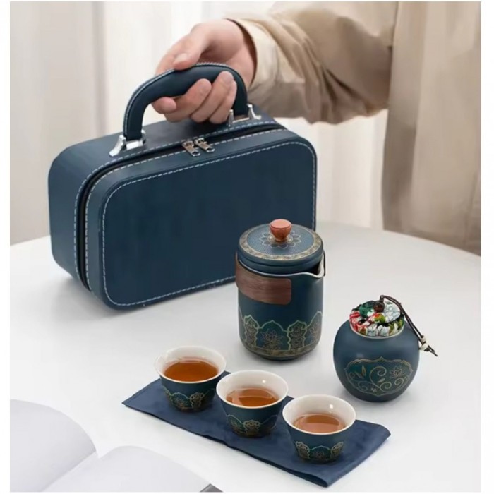 Set Ceainic 350 ml, 3 cupe din Portelan si recipient pentru ceai, ROYAL SAPPHIRE