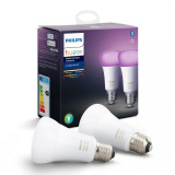 Set 2 becuri inteligente LED Philips Hue, functionalitate Bluetooth, Ambianta alba/color, E27, 9W(60W), temperatura de culoare 2200K-6500K, flux lumin