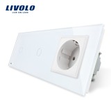 Cumpara ieftin Intrerupator touch dublu Livolo cu priza, panou din sticla alba