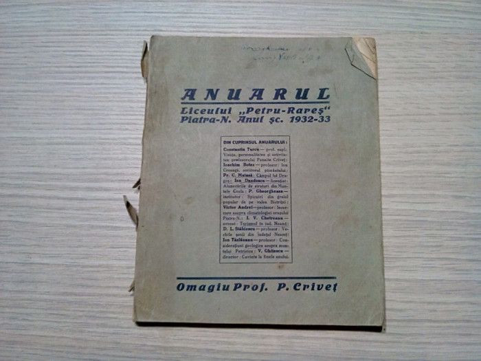 Anuarul Liceului de Baieti PETRU RARES - PIATRA-N. pe Anul Scolar 1932-1933