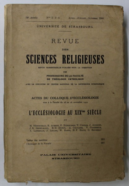 UNIVERSITE DE STRASBOURG , REVUE DES SCIENCES RELIGIEUSES , REVUE TRIMESTRIELLE , No. 2-3-4 , AVRIL - JUILLET - OCTOBRE , 1960