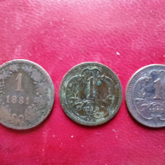 1 heller 1881,1 heller 1895,1 heller 1909 Imperiu Austriac,lot de trei monede.