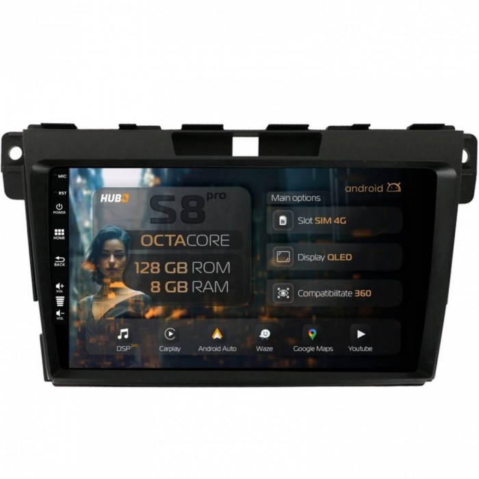 Navigatie Mazda CX-7 (2008-2013) 8GB RAM Android 13 Octacore Slot Sim 4G DSP GPS Wi-FI Carplay Android Auto USB Bluetooth Waze Touchscreen 9 Inch