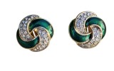 CERCEI CLIPS DIN METAL AURIU CU DECOR EMAIL VERDE SI CRISTALE MICI